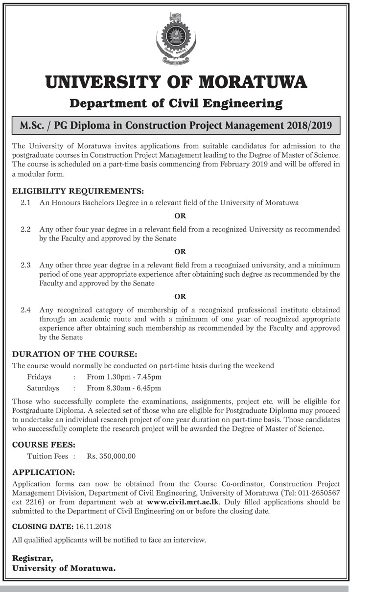 M.Sc / PG Diploma in Construction Project Management 2018/2019 - Department of Civil Engineering - University of Moratuwa